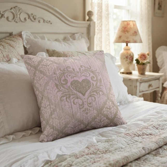 Blush Pink Damask with Heart  Cushion (Creator Uploaded)