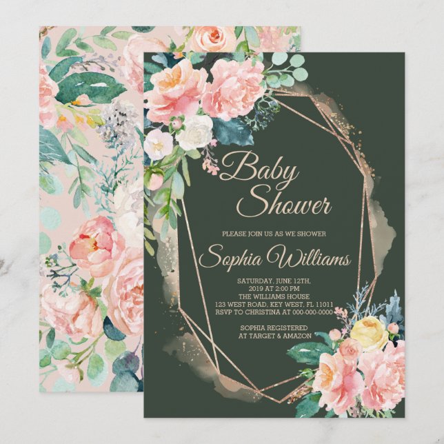 Blush Pink, Dark Green & Gold Baby Shower Invitation (Front/Back)