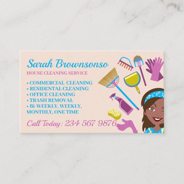 Blush Pink Dark Skin Janitorial Woman Cleaning Business Card (Front)