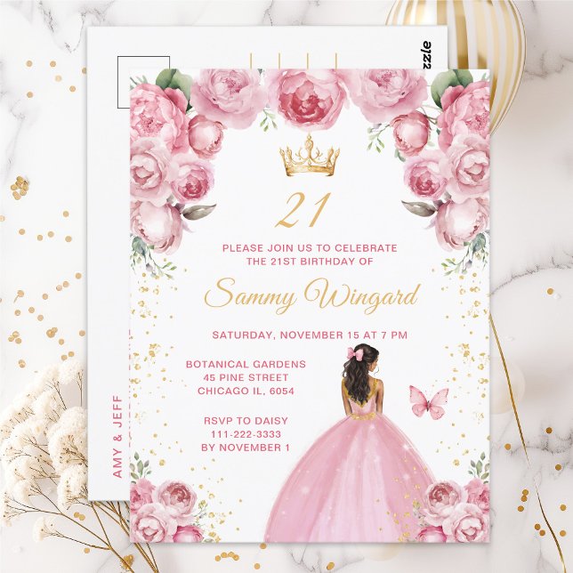 Blush Pink Dark Skin Princess Birthday Party Postcard (Creator Uploaded)