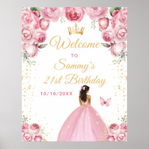 Blush Pink Dark Skin Princess Birthday Welcome Poster