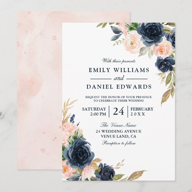 Blush Pink & Deep Navy Elegant Spring Wedding Invitation (Front/Back)