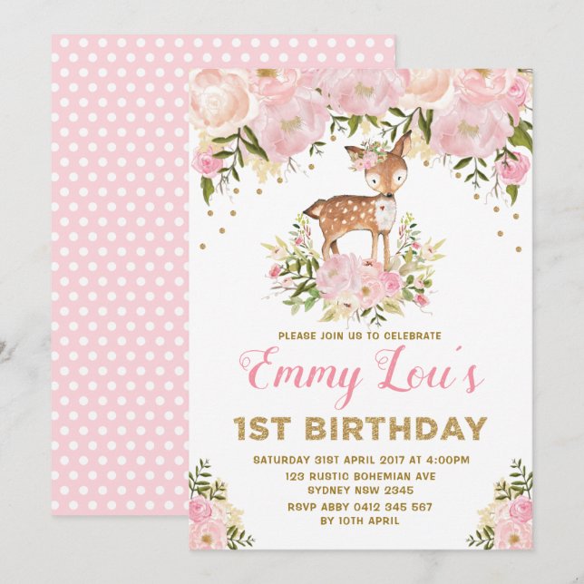 Blush Pink Deer 1st Birthday Watercolor Floral Invitation (Front/Back)