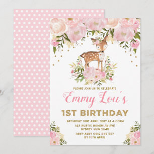 Blush Pink Deer 1st Birthday Watercolor Floral Invitation