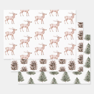 Blush Pink Deer Pine Cones Christmas Trees Wrapping Paper Sheet