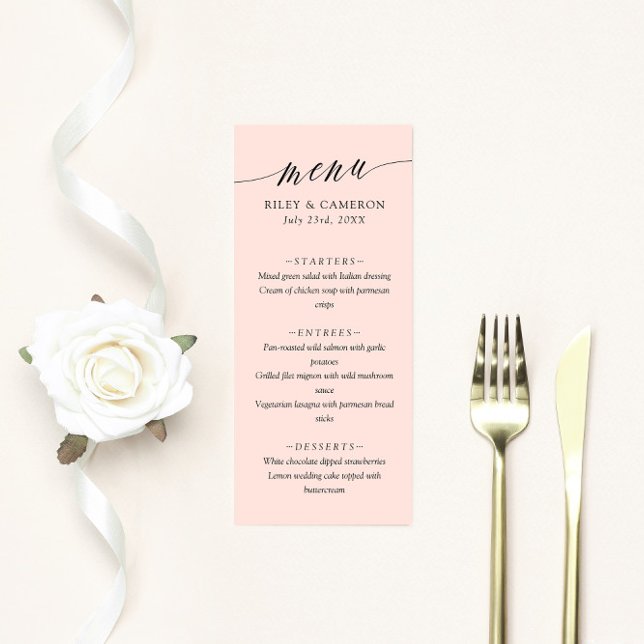 Blush Pink Delicate Calligraphy Elegant Wedding Menu (Creator Uploaded)