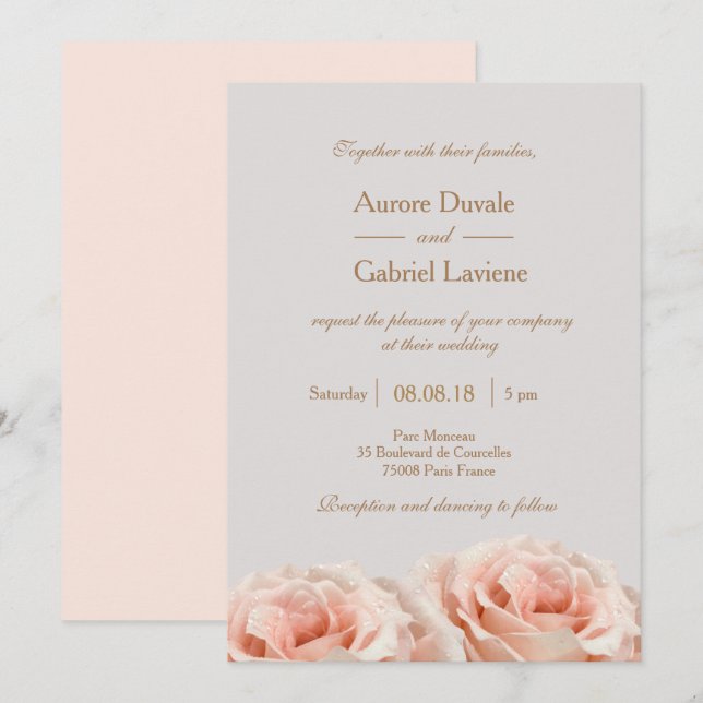 Blush Pink Dewy Roses Floral Grey Gold Wedding Invitation (Front/Back)