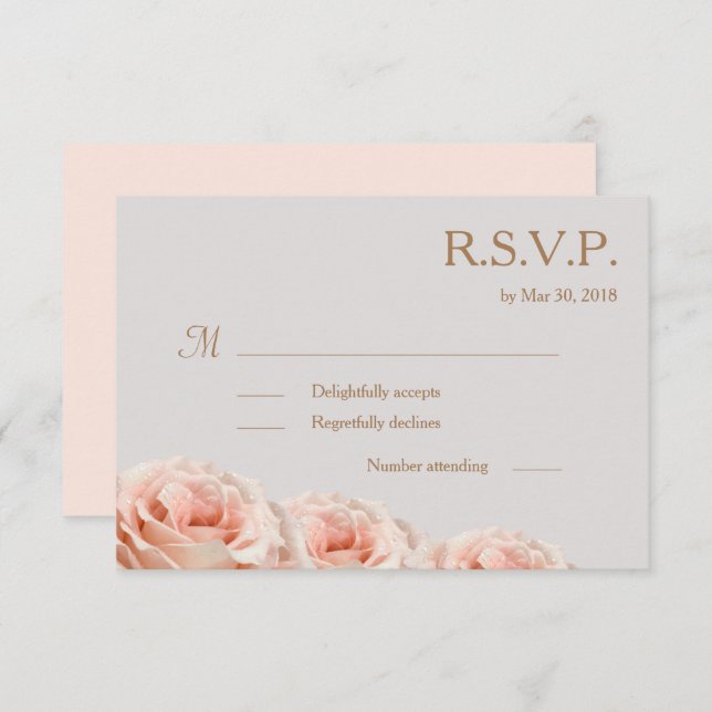 Blush Pink Dewy Roses Floral Grey Wedding RSVP Invitation (Front/Back)