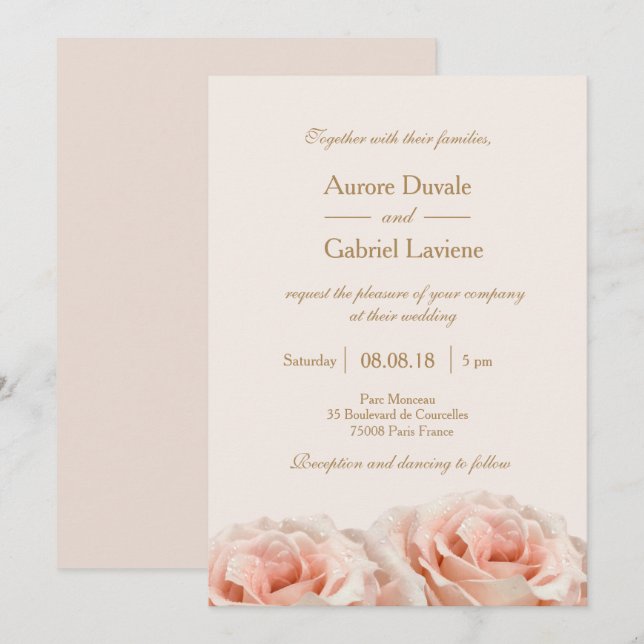 Blush Pink Dewy Roses Floral Ivory Gold Wedding Invitation (Front/Back)