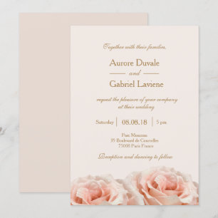 Blush Pink Dewy Roses Floral Ivory Gold Wedding Invitation