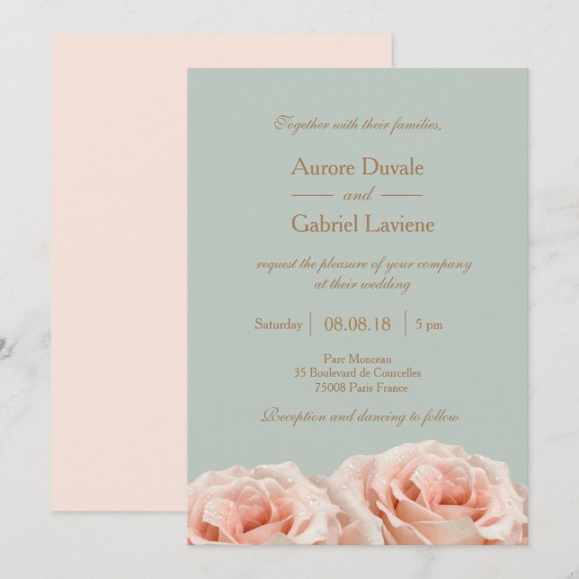 Blush Pink Dewy Roses Floral Sage Gold Wedding Invitation (Front/Back)
