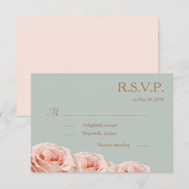 Blush Pink Dewy Roses Floral Sage Wedding RSVP Invitation (Front/Back)
