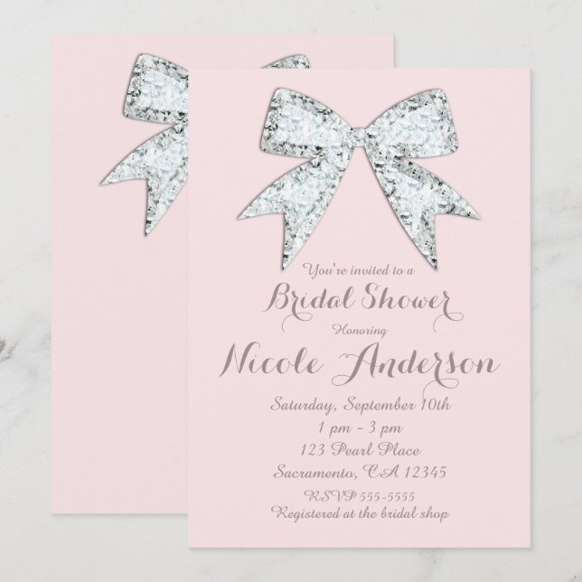 Blush Pink Diamond Bling Bow Glam Bridal Shower Invitation (Front/Back)