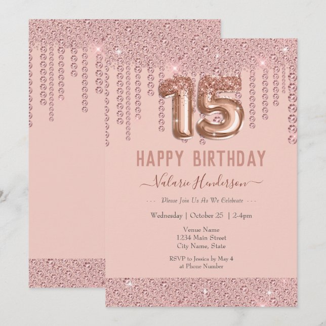 Blush Pink Diamond Drips Happy 15th Birthday (Front/Back)