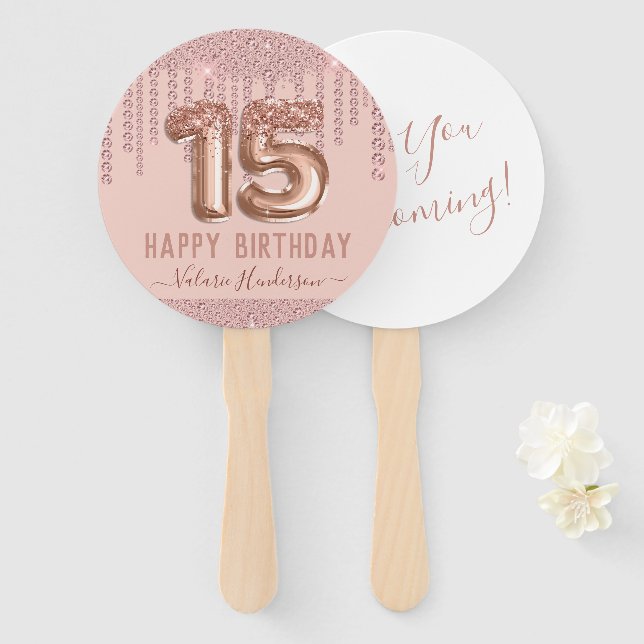 Blush Pink Diamond Drips Happy 15th Birthday Hand Fan (Front and Back)