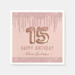 Blush Pink Diamond Drips Happy 15th Birthday Napkin