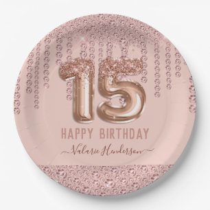 Blush Pink Diamond Drips Happy 15th Birthday Paper Plate