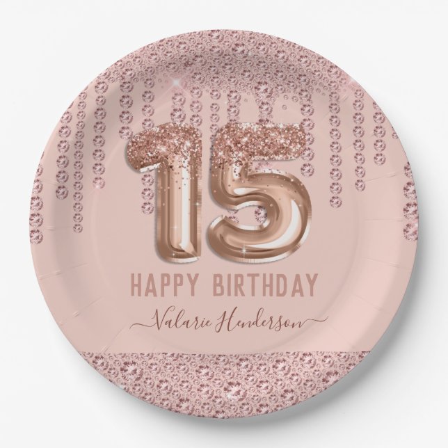 Blush Pink Diamond Drips Happy 15th Birthday Paper Plate (Front)