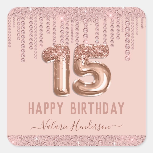 Blush Pink Diamond Drips Happy 15th Birthday Square Sticker (Front)
