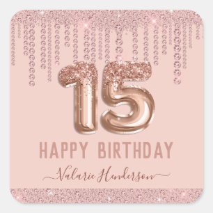 Blush Pink Diamond Drips Happy 15th Birthday Square Sticker
