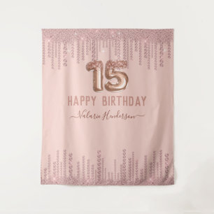 Blush Pink Diamond Drips Happy 15th Birthday Tapestry