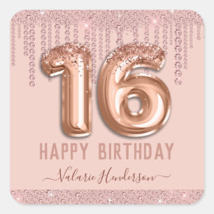 Blush Pink Diamond Drips Happy 16th Birthday Square Sticker