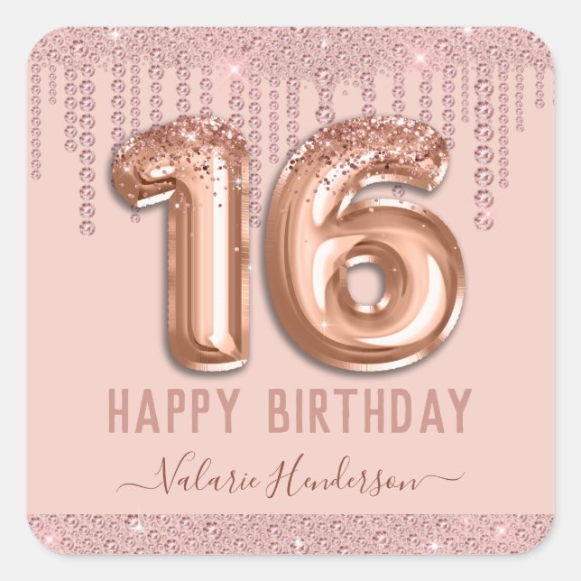 Blush Pink Diamond Drips Happy 16th Birthday Square Sticker (Front)