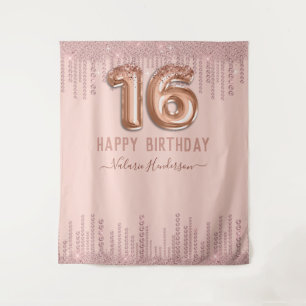 Blush Pink Diamond Drips Happy 16th Birthday Tapestry