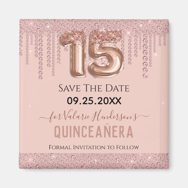 Blush Pink Diamond Quinceanera Save the Date Magnet (Front)