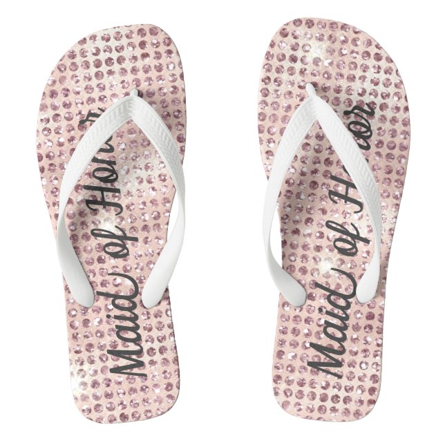 Blush Pink Diamond Studded Glam Wedding Bridesmaid Flip Flops (Footbed)