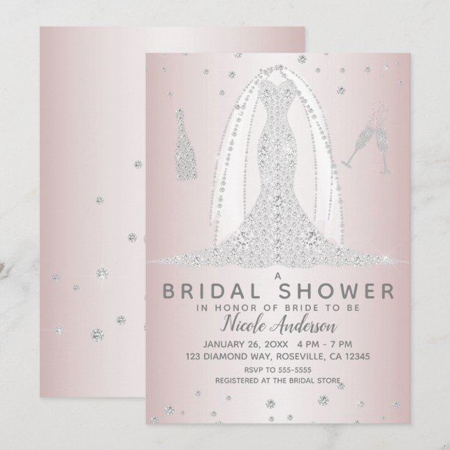 Blush Pink  Diamond Wedding Dress Bridal Shower Invitation (Front/Back)