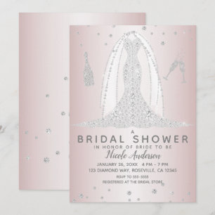 Blush Pink Diamond Wedding Dress Bridal Shower Invitation