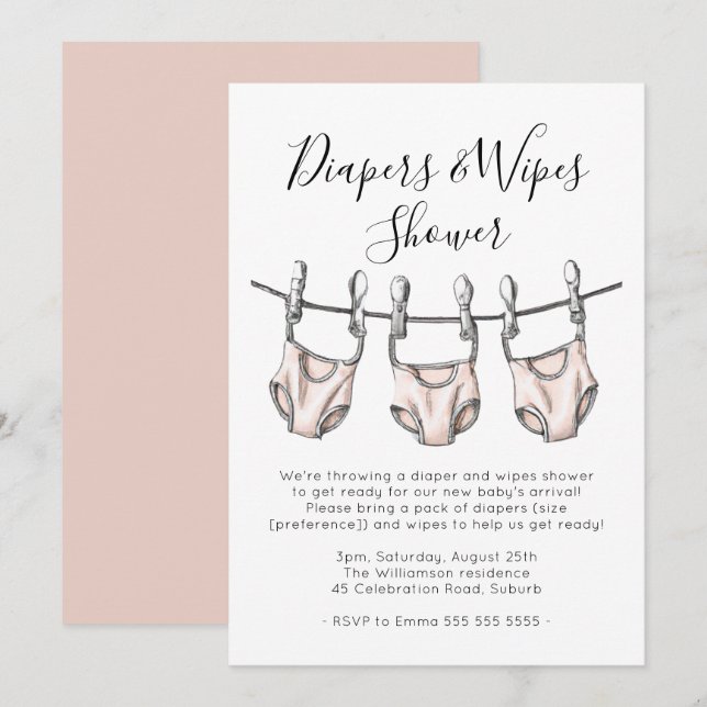 Blush Pink Diapers & Wipes Girl Baby Shower Invitation (Front/Back)