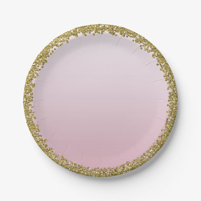 Blush Pink Dipped Gold Glitter Glam Sparkle Party Paper Plate (Front)