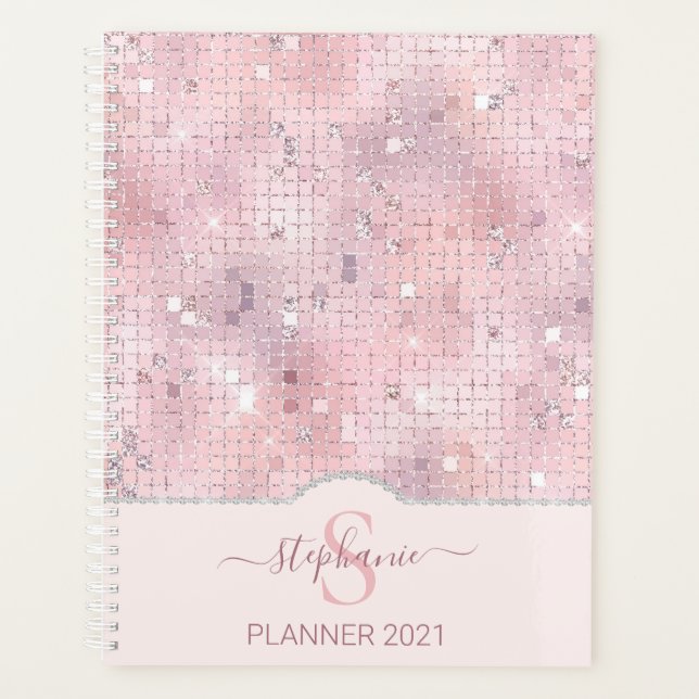 Blush Pink Disco Ball Mosaic Monogram Planner (Front)