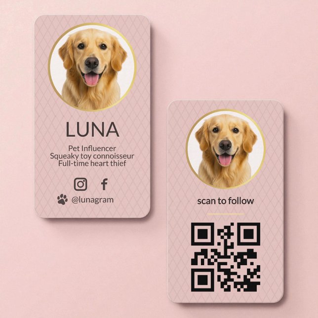 Blush Pink Dog Pet Photo Social Media QR Code Business Card (Creator Uploaded)