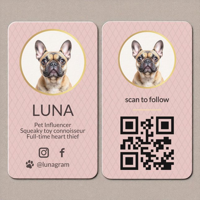 Blush Pink Dog Pet Photo Social Media QR Code Business Card (Creator Uploaded)