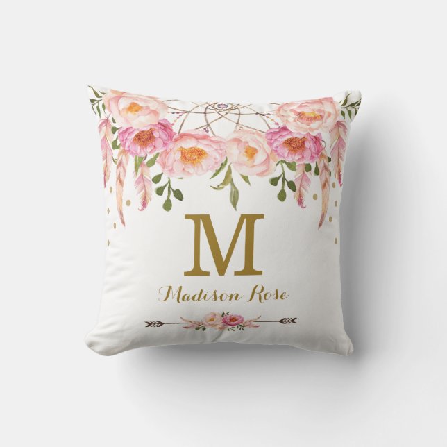 Blush Pink Dreamcatcher Monogram Nursery Decor Cushion (Front)