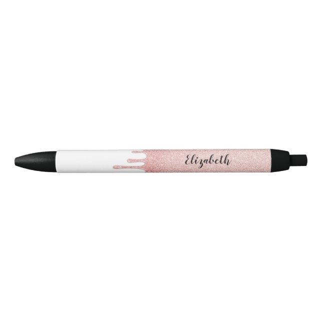 Blush Pink Dripping Glitter Custom Monogram Name Black Ink Pen (Front)