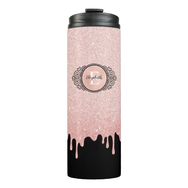 Blush Pink Dripping glitter Monogram Name Thermal Tumbler (Front)