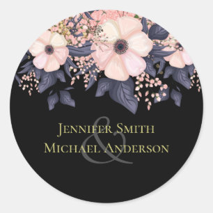 Blush Pink Dusty Blue Black Wedding Floral Budget Classic Round Sticker