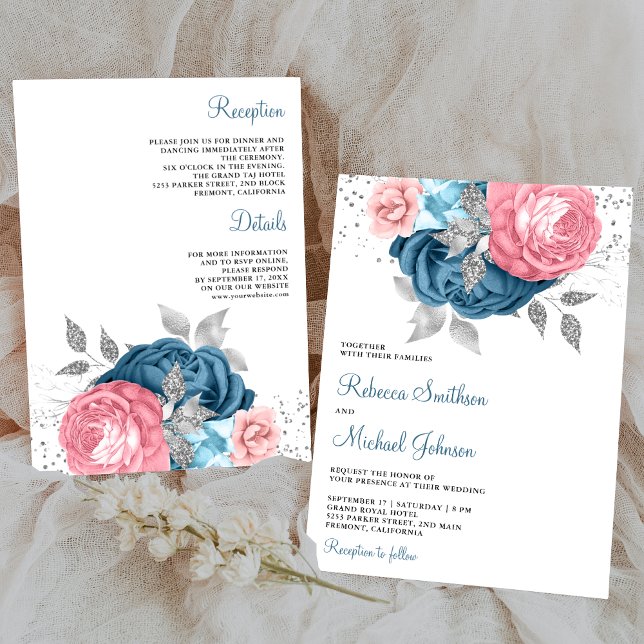 Blush Pink Dusty Blue Floral All in One Wedding Invitation (Creator Uploaded)