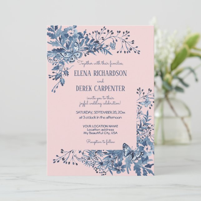 Blush Pink, Dusty Blue Floral Watercolor Wedding Invitation (Standing Front)