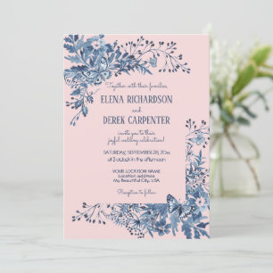 Blush Pink, Dusty Blue Floral Watercolor Wedding Invitation