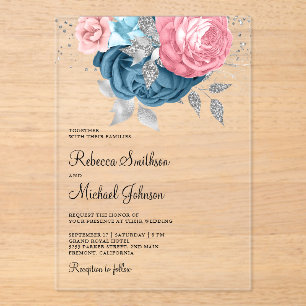 Blush Pink Dusty Blue Floral Wedding Acrylic Invitations