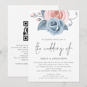 Blush Pink Dusty Blue Florals QR Code Wedding Invitation