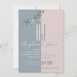 Blush Pink Dusty Blue Monogram Wedding Invitation