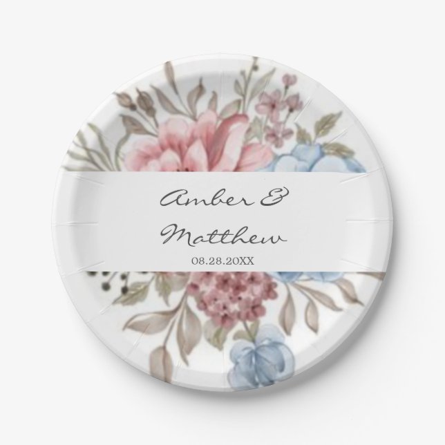 Blush Pink Dusty Blue Peony Wedding Paper Plate (Front)