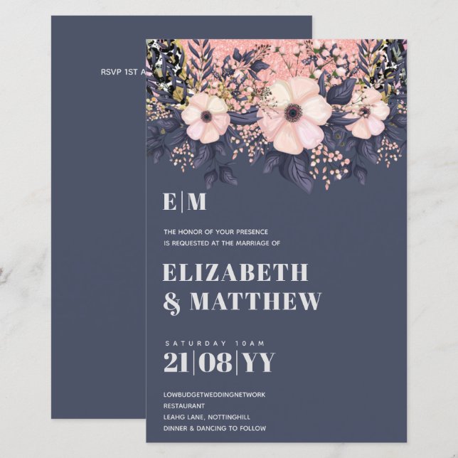 Blush Pink Dusty Blue Rosegold Floral Wedding Chic (Front/Back)