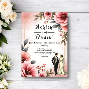 Blush Pink Dusty Rose Bride Groom Floral Wedding Invitation